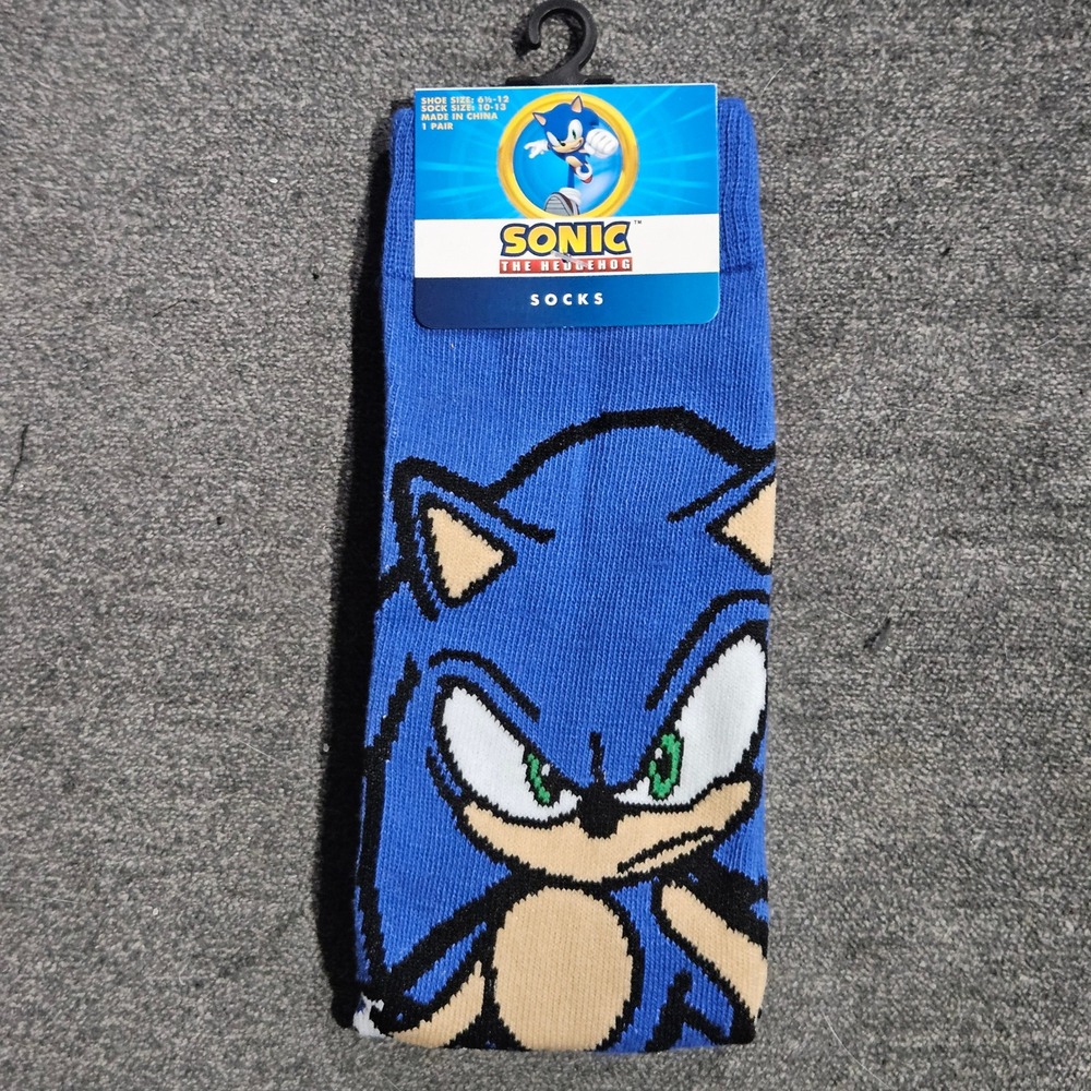 Sonic the Hedgehog Mens Blue Graphic Crew Socks Sega Video Game Shoe Size 6.5-12